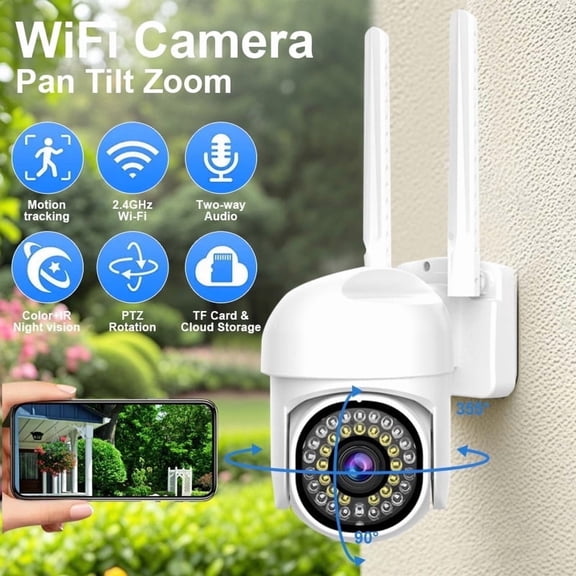 Ourlife Smart Pan-Tilt Outdoor WiFi Security Camera with Dual-Light Full Color Night Vision and 2-Way Audio, White