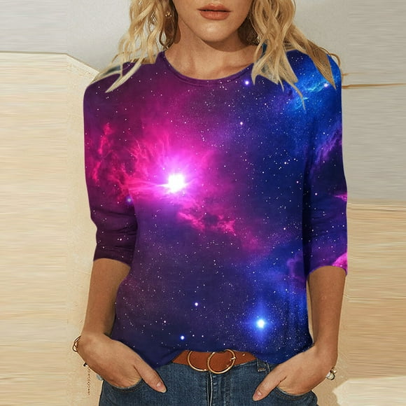 Summer Savings Clearance! Fatuov Plus Size Tops for Women Trendy Casual Tops Summer Star Graphic Tees Crew Neck 3/4 Length Sleeve Shirts Blouses Multicolor