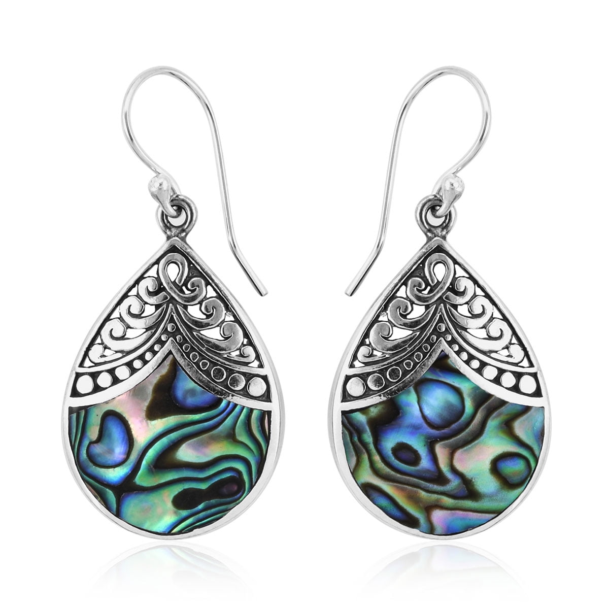 UNIQUE DESIGNER HANDMADE JEWELRY BY ARTISANS FIRE ABALONE SHELL IN 925 STERLING SILVER FINE FILIGREE ETHNIC TRIBAL FASHION DROP DANGLE BALINESE EARRING FOR WOMEN & GIRLS