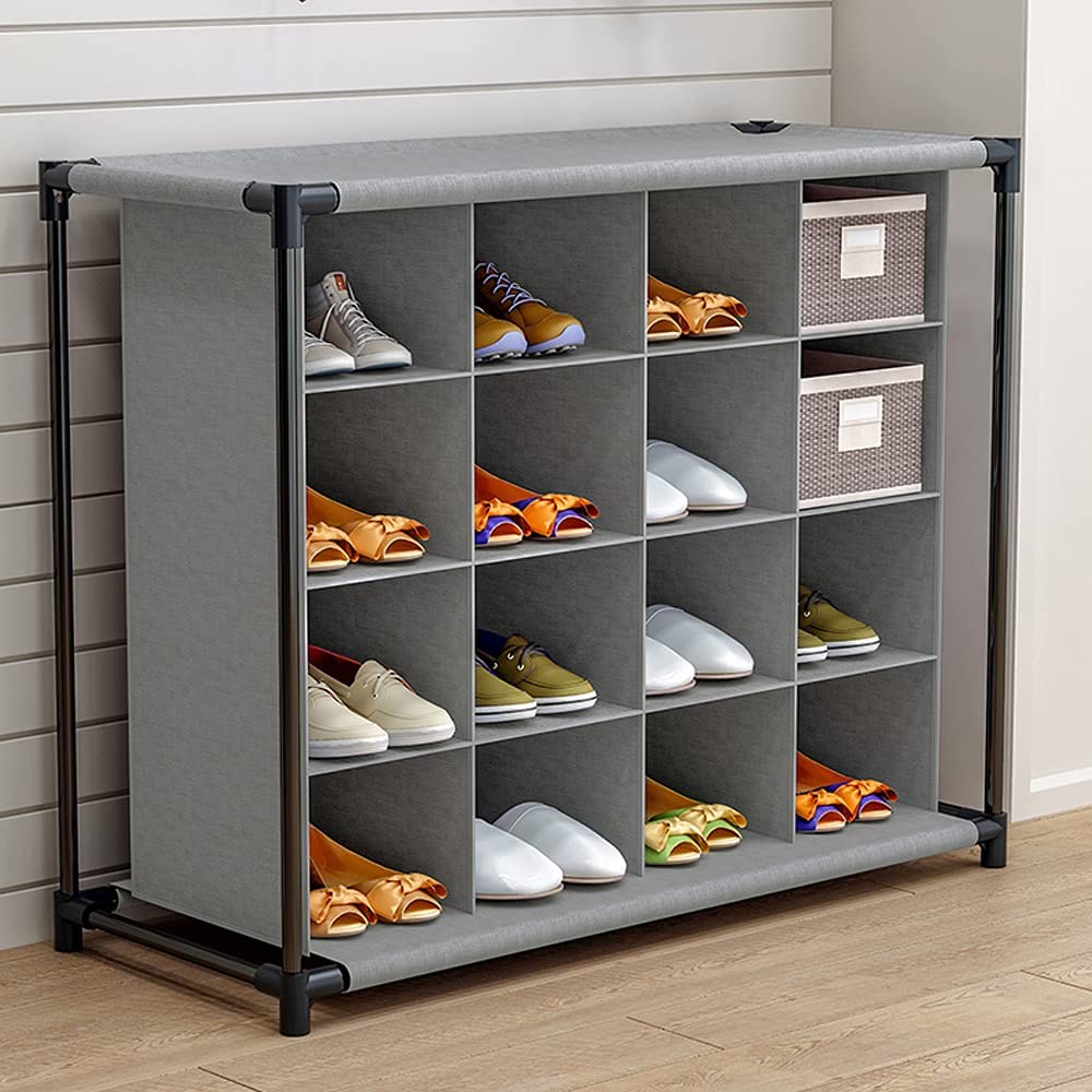 16-Cube Stackable Shoe Rack Storage Organizer, Gray Fabric Divided Footwear Organizer, Stainless Steel Frame Shoe Shelf Storage Shelves for Bedroom Living Room Study Corridor Balcony (35 15