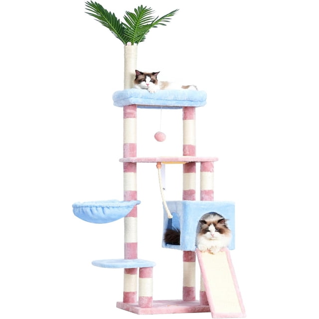 Cat Tree . es Cat Tower for Indoor Cats Cat Condo with Perches Basket Leaf Feeding Bowl Multi-Level Plush Modern Cat Furniture with Scratching Posts Light HCTW