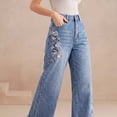 thumbnail image 5 of Women's High Waist Floral Embroidery Wide Leg Jeans Vintage Washed Straight Trousers for Spring Autumn Daily Commute, 5 of 6