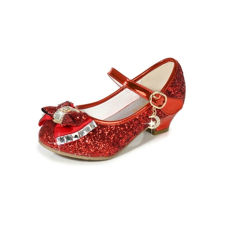 

Wazshop Girl s Princess Shoe Comfort Mary Jane Bowknot Dance Shoes Elagant Magic Tape Loafers Kids Pumps Sequin Non-slip Red 3Y