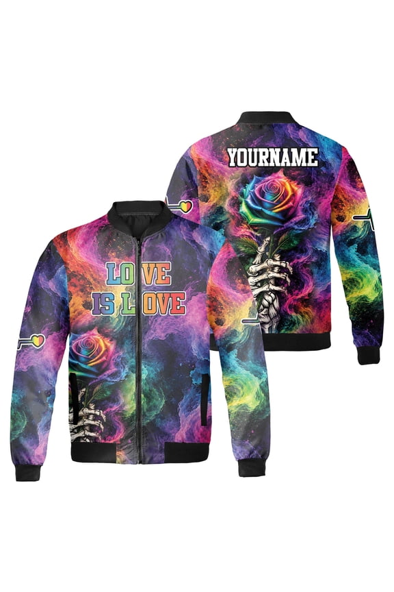 Custom Name Love Is Love Bomber Jacket, Rainbow Rose Skeleton Hand and Galaxy Graphic, LGBT Pride Month Colorful Zip Up Jacket