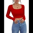 thumbnail image 1 of Tops Cortos de Larga para Mujer, con Cuello Cuadrado Acanalado, Ajustados, Informales, A para Dama Rojo S, 1 of 8