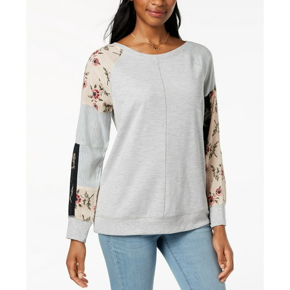 Style & Co Patchwork Sleeve Sweatshirt Heather Grey XL