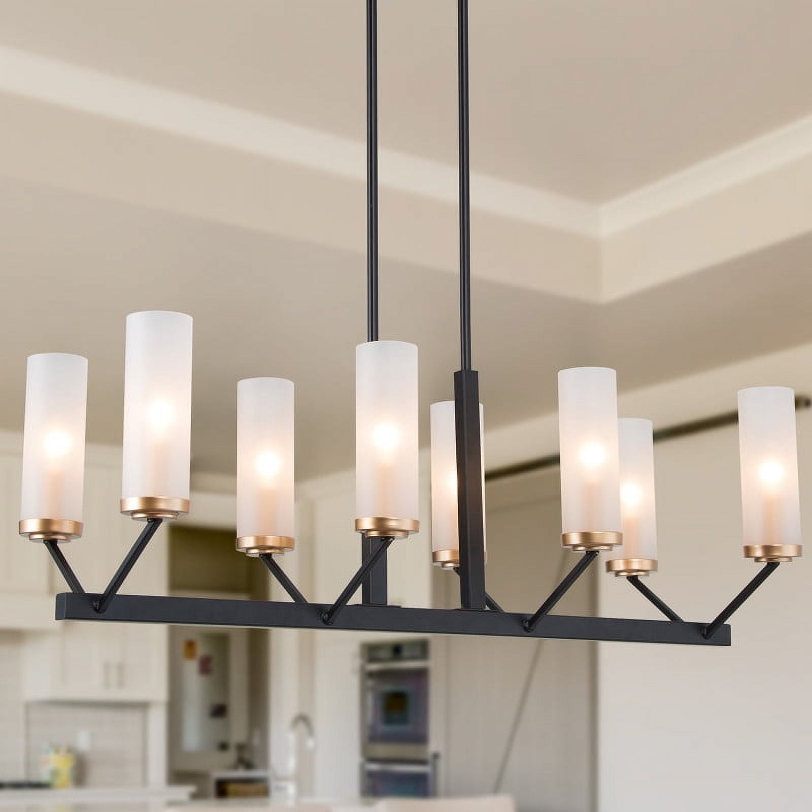 LNC 8-Light Black and Gold Linear LED Pendant with Frosted Glass for Kitchen Island