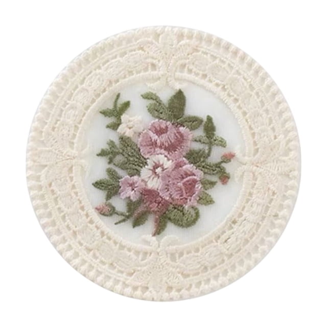Napperons Ronds pour Table, Isolation Thermique, Polyester, Bordure en Dentelle avec Broderie de Roses, Beige Rose Blanc, 4,6 Po