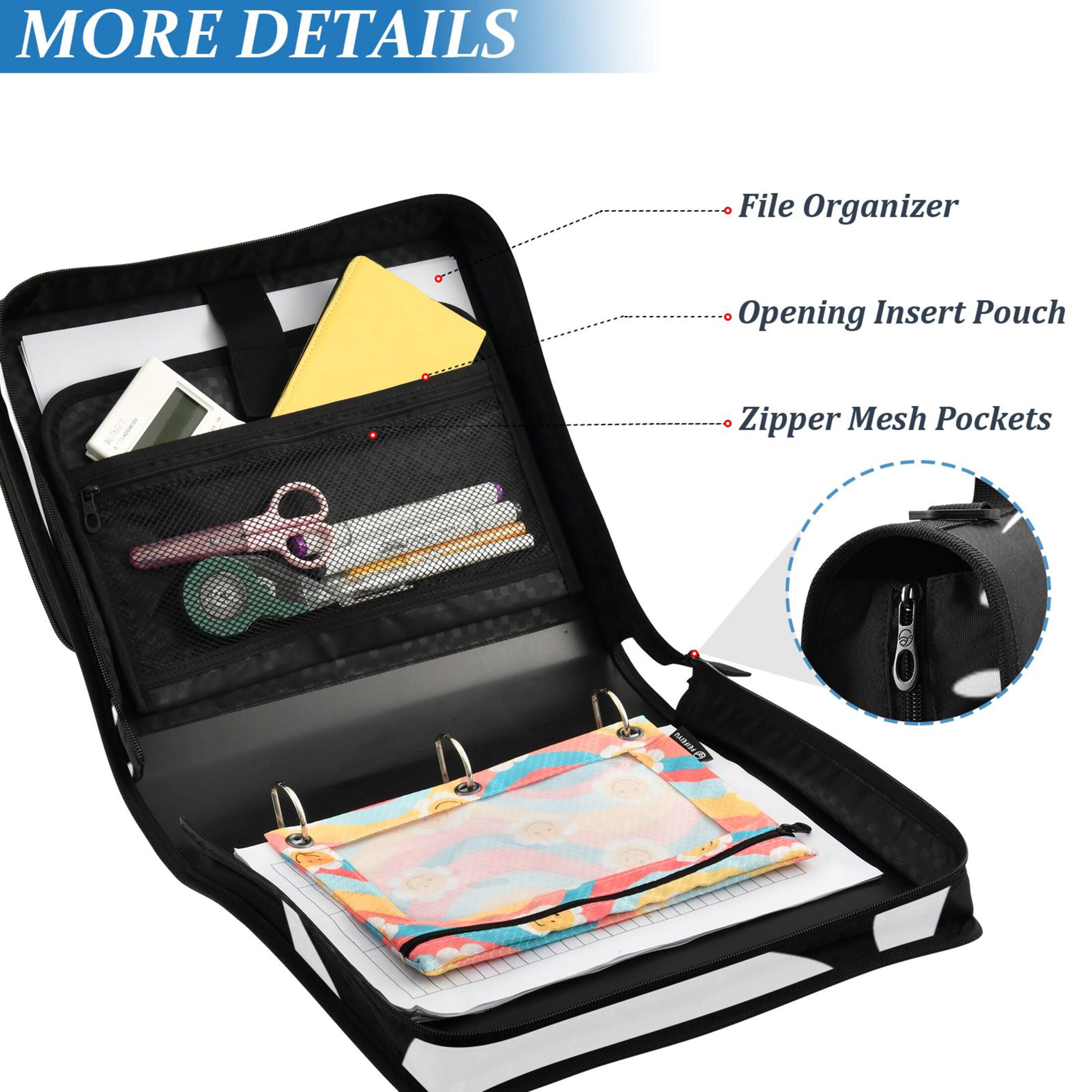 3 Ring Zipper Binder with Shoulder Strap Waterproof Trapper Keeper 2 Inch D-Ring 500 Sheets Capacity Black White Dog Face