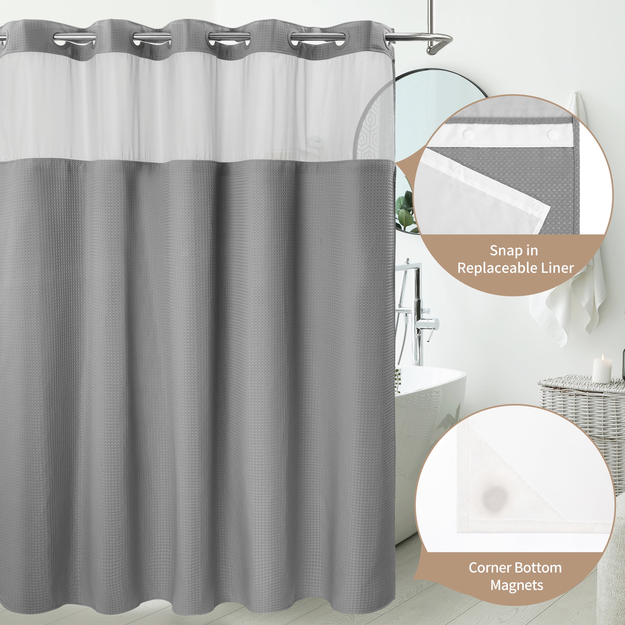 Barossa Design Waffle Weave Shower Curtain with Snap in Liner, Mesh Window, 71"W x 74"L, Grey
