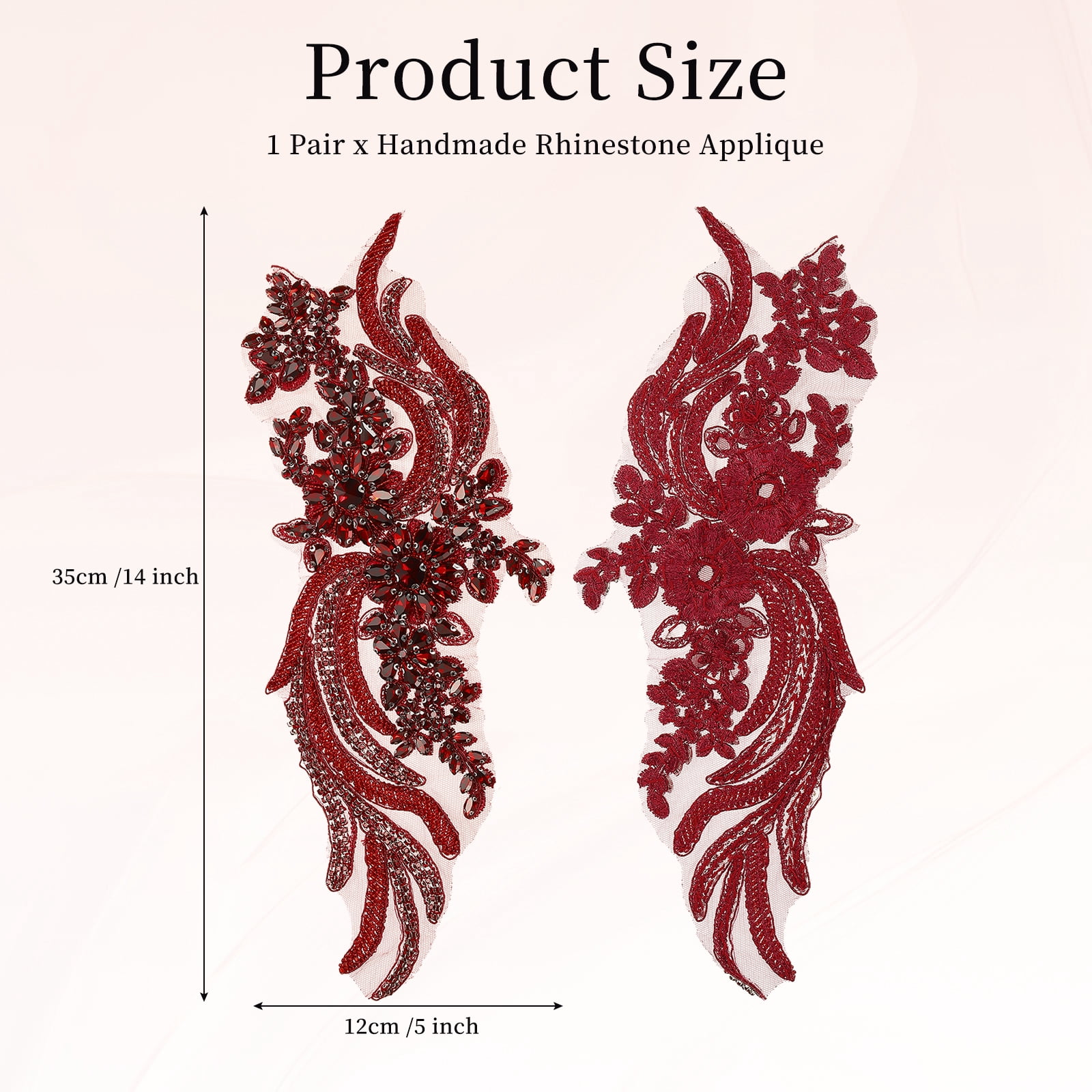 Uxcell 1 Pair Handmade Rhinestone Applique Patch, 14" x 5" Beaded Embroidery Sequin Patches for Sew on Wedding Dress Cloth DIY Crafts Decoration, Dark Red