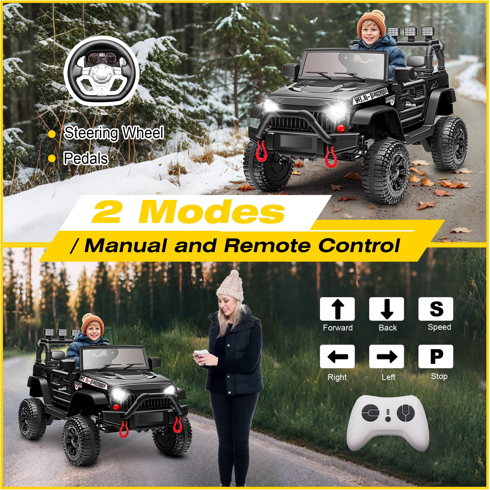 24V Kids Ride on Truck Car, Battery Powered Ride on Car with Remote Control, Electric Vehicle Car for Boys Girls Aged 3-6, Ride on Toy w/Bluetooth, Lights, 4 Wheelers, Gift for Kids Tollder, Black
