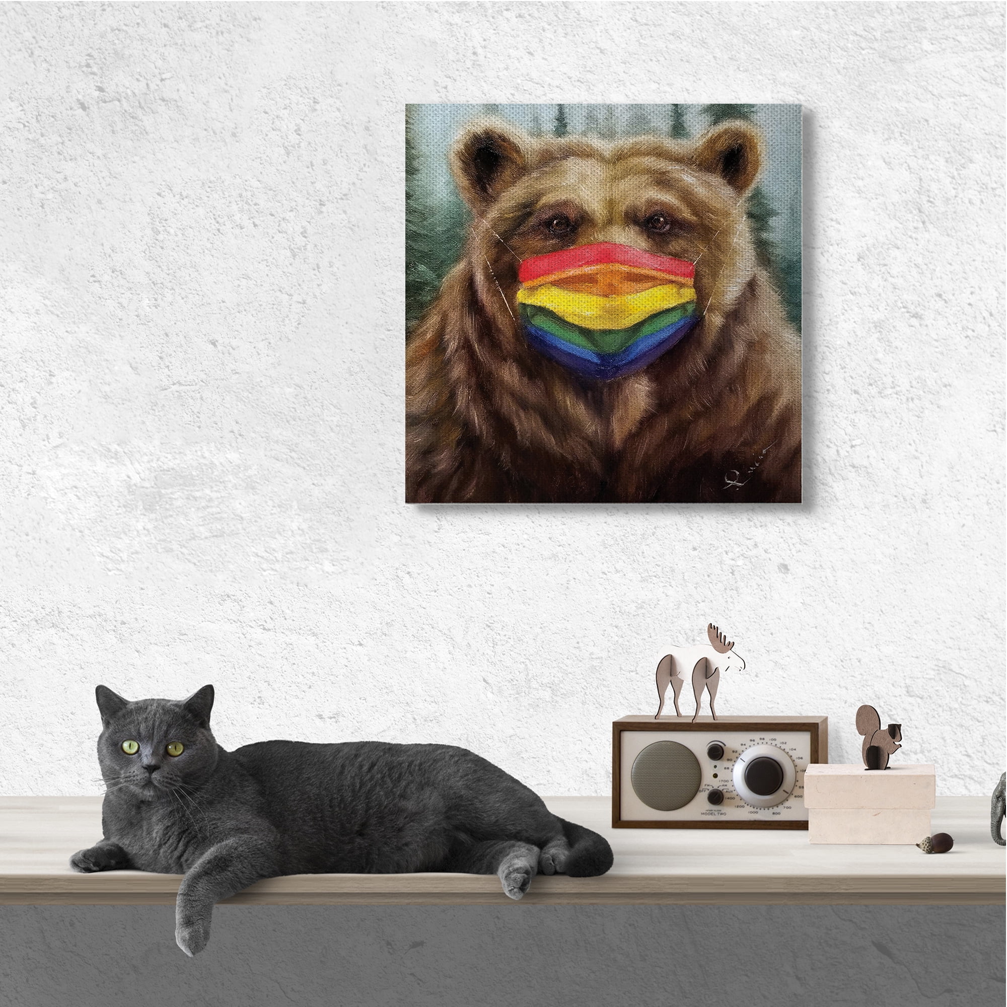Stupell Industries Brown Bear Rainbow Face Mask Forest Animal Animals & Insects Painting Gallery Wrapped Canvas Art Print Wall Art, 36 x 36