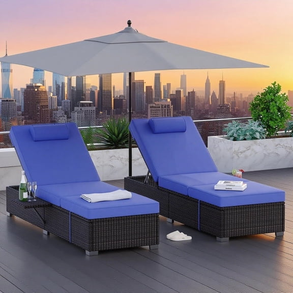 2-Piece Outdoor Wicker Reclining Lounge Chair Set with Blue Cushion, Weather Resistant Leisure Seating for Poolside Garden Indoor Rest, Blue