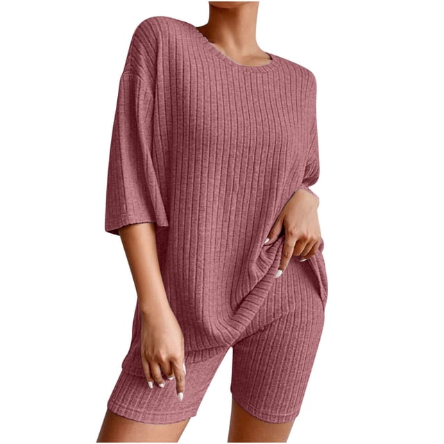 Mikilon Pyjama Décontracté pour Femmes, Ensemble de Sommeil d'Été, Confortable, Version Ample, Col Rond, Ensemble Deux Pièces, Manches Courtes, Blouse/chemise à Col Rond, Rouge, TP