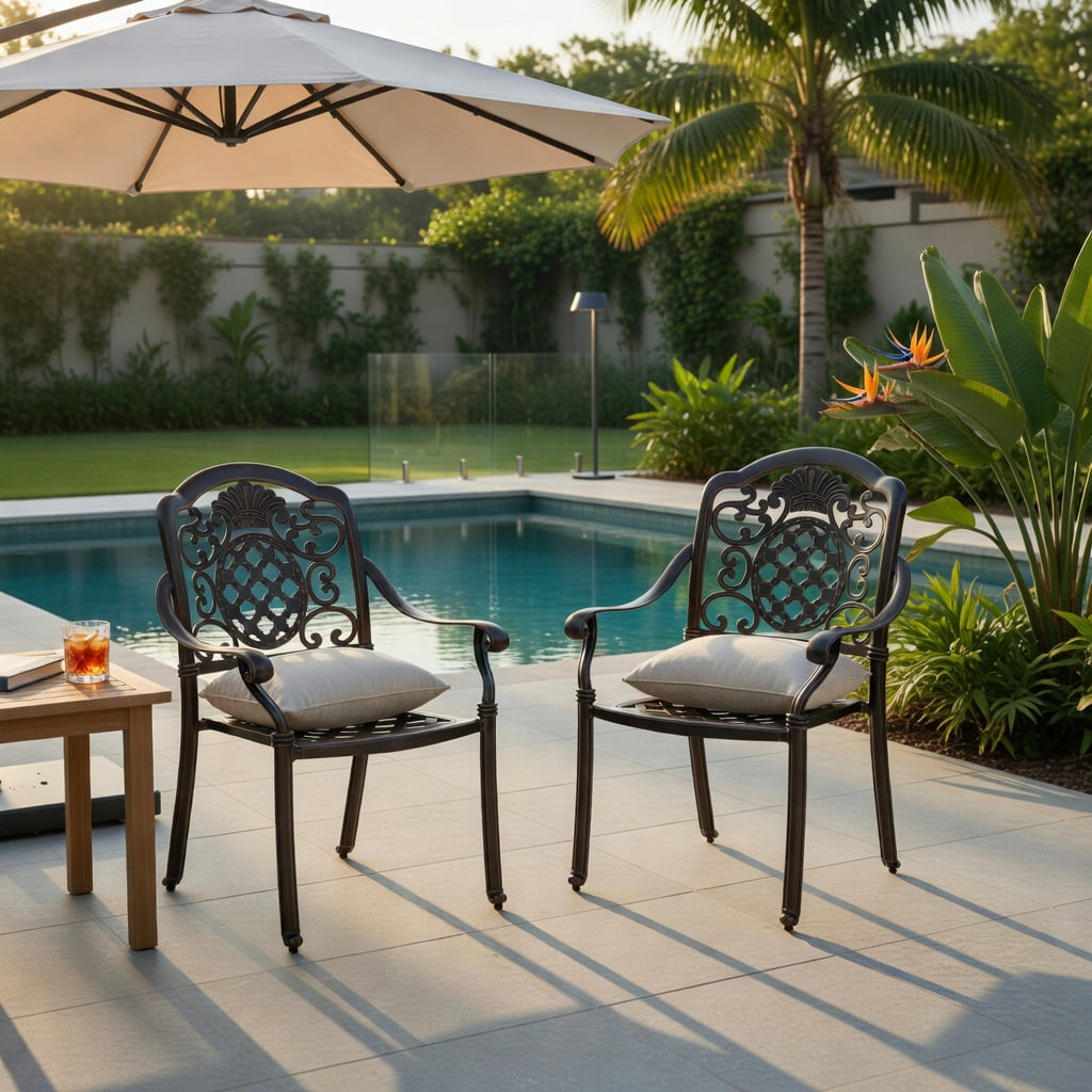 Hommoo 2-Pack Stackable Cast Aluminum Patio Dining Chairs in Red Copper, Rustproof, Weather-Resistant Outdoor Armchairs with Ergonomic Design & Adjustable Feet, Brown+Black