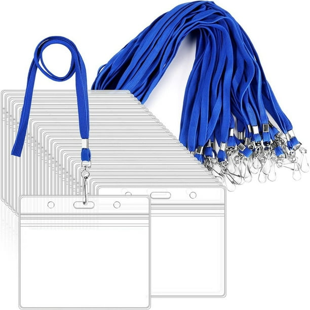 20 Portanombres Horizontales de Plástico Transparente y Cordones Azules, Ideales para Oficinas, Escuelas y Voluntariado.