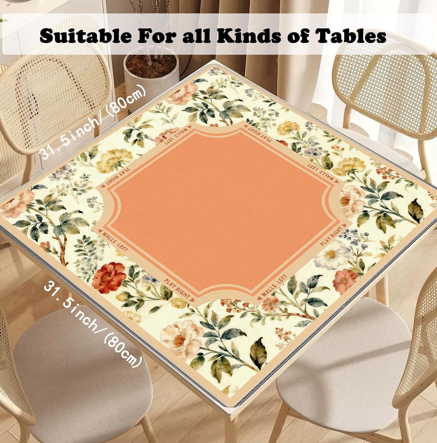 Beige and Orange Vintage Floral Botanical Mahjong Mat 31.5x31.5 Inch, Non-Slip and Noise Reduction Mah Jong Table Mat Cover Gifts for Mahjong Lovers Poker Board Games Dominoes