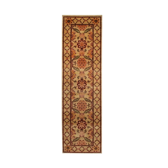 EORC Beige Afghan Wool Transitional Turkish Knot Rug, 3' x 14'