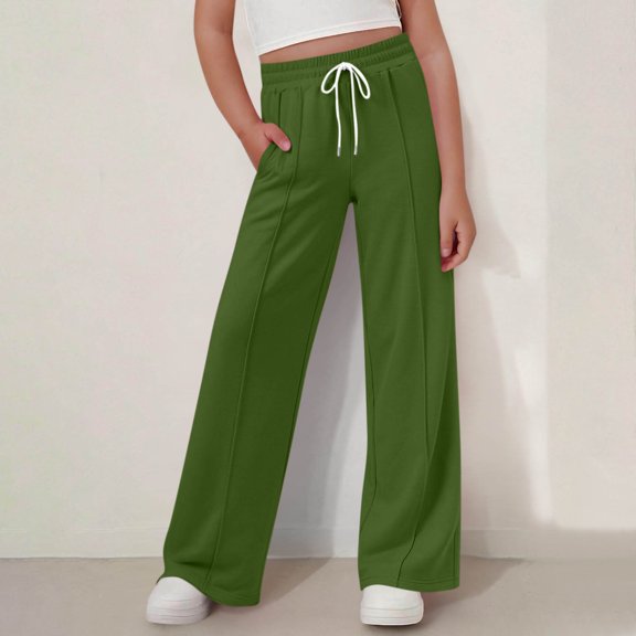 Boys Girls Straight Leg Pants Solid Color Elastic Waist Drawstring Baggy Pants Teens Casual Comfy Trousers for Everyday Wear Green 12-13 Years
