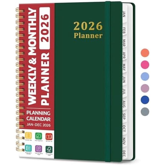 2026 Planner, Weekly and Monthly Calendar Planner, January 2026 - December 2026, Hardcover 2026 Calendar Planner Book with Tabs For Women & Men, Inner Pocket, Spiral Bound, Perfect for Office Home