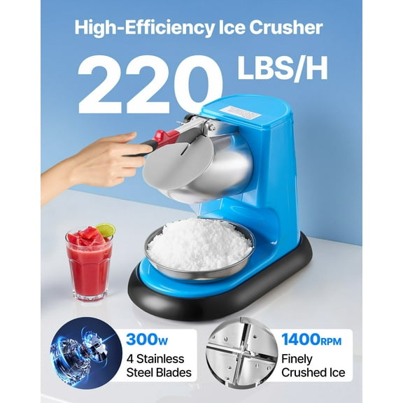 Commercial Grade Ice Shaver 220LBS/H - Electric Snow Cone and Shaved Ice Maker, Blue