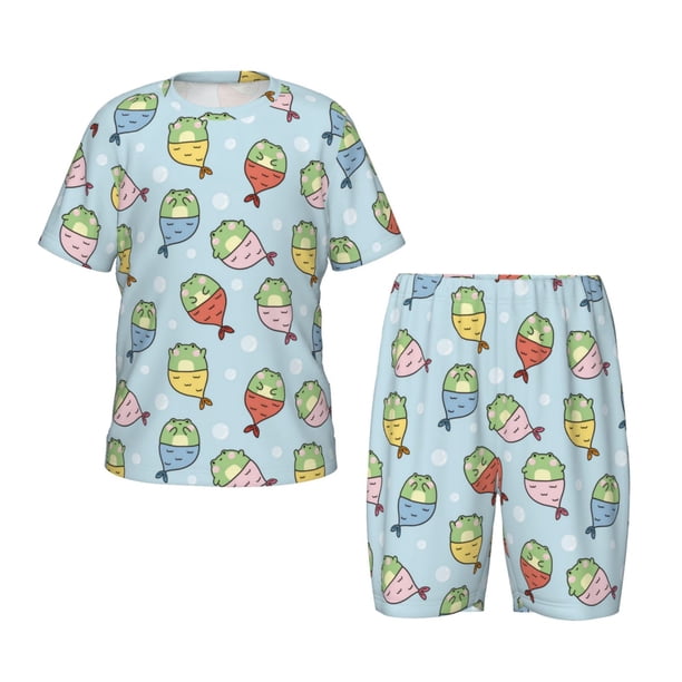 Balery Frog In Mermaid Conjunto de Pijama Infantil de Manga Corta con Estampado – Ropa de Dormir de Algodón Suave-Large