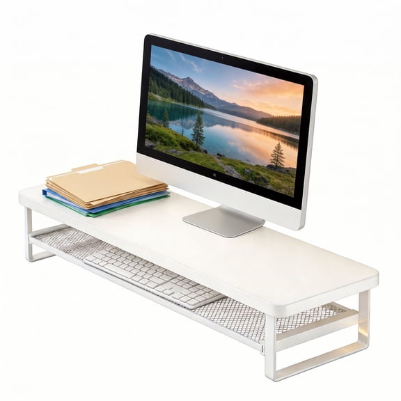 Xoperyu Double‑Layer Monitor Stand Riser, 27.56 in Desktop Organizer with Drawer‑Style Pull‑Out for Stationery, Watches and Headphones, Home and Office Use, White