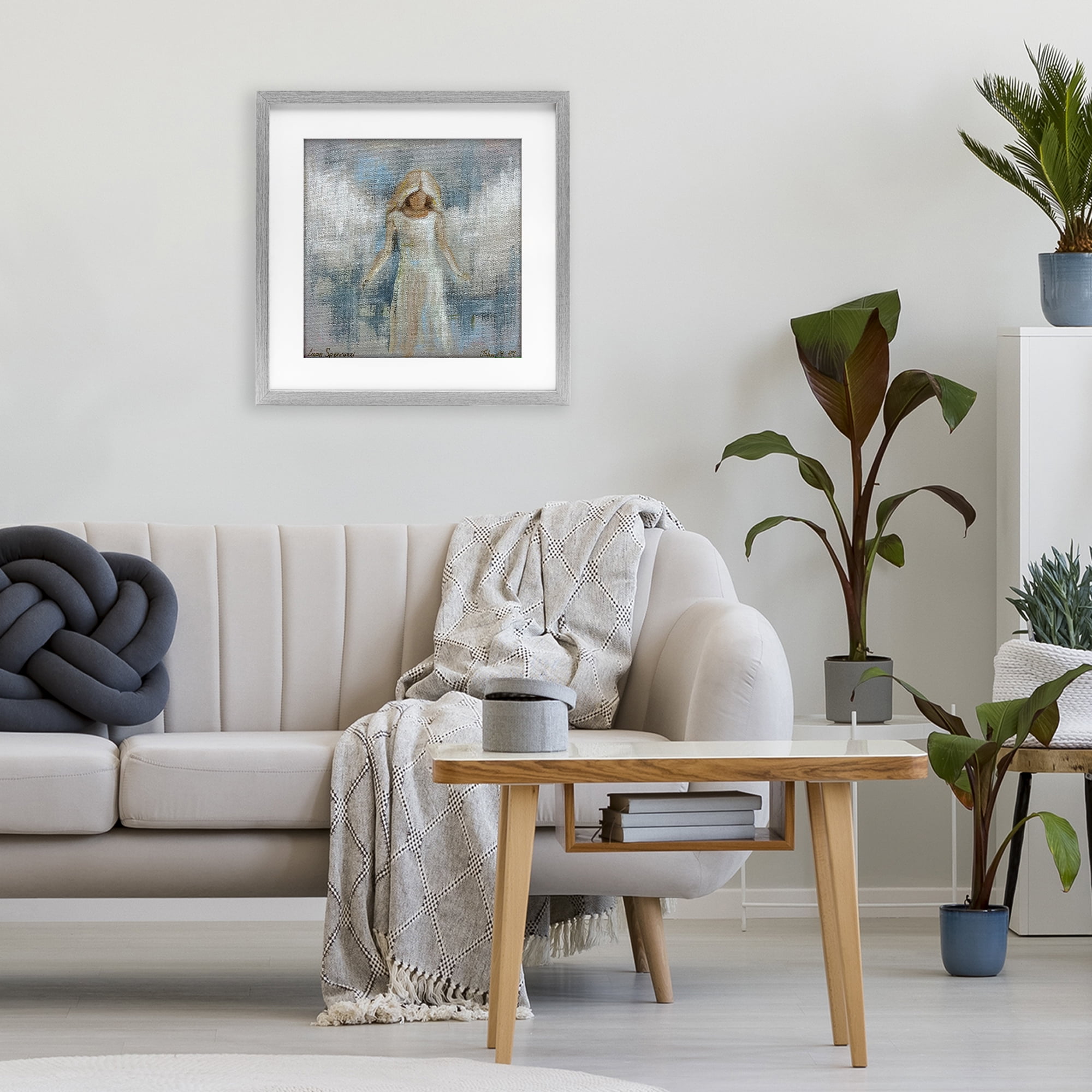 Stupell Industries Ethereal Peace Angel Gray Framed Print Under Glass, design by Linda Sperruzzi