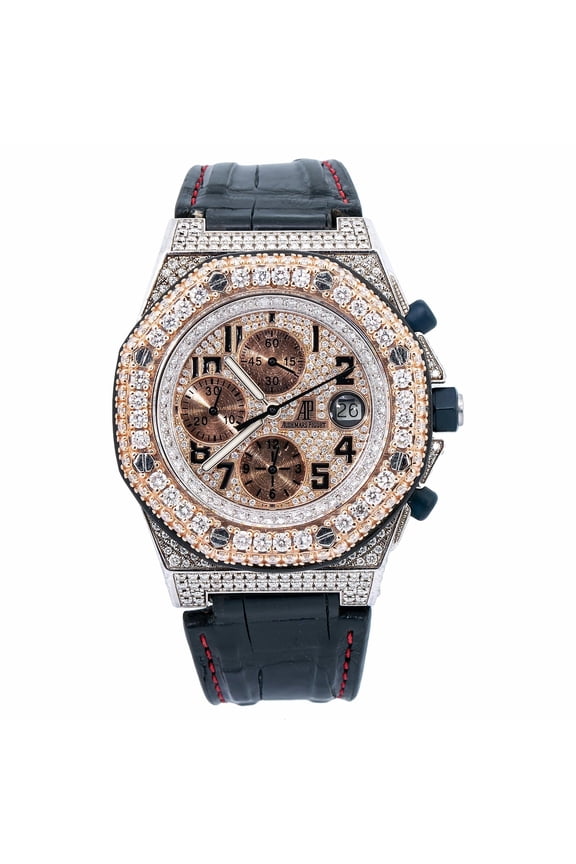 Pre-Owned Audemars Piguet Royal Oak Offshore Chronograph 42MM 26170ST Diamond Paved Arabic Dial Custom Aftermarket Black Alligator Leather Strap