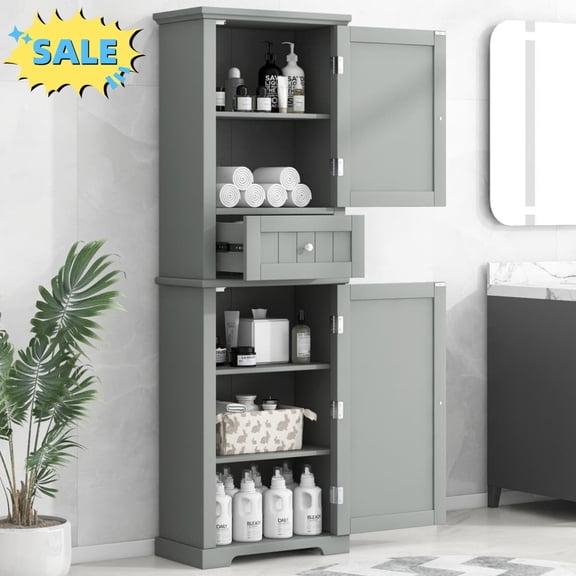 Tcbosik Tall Storage Cabinet, Slim Freestanding Bathroom Cabinet with Drawer and 2 Doors, 67"H Cupboard with Adjustable Shelf for Kitchen, Dining Room, Living Room, Grey