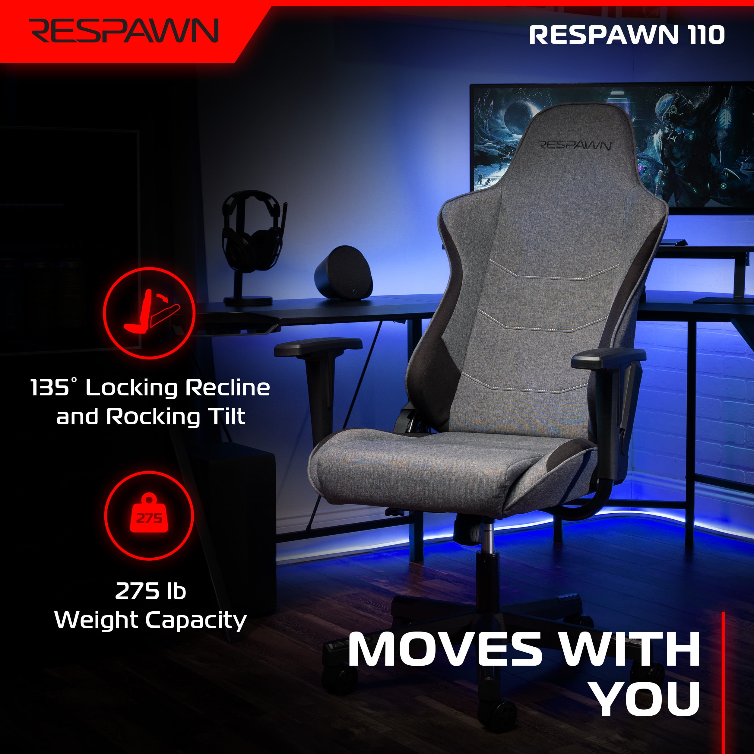 RESPAWN 110 Ergonomic Gaming Chair - Reclining Office Video Game Swivel Chair with Lumbar Support, Headrest, Heavy Duty, High Back, Racing Style Gaming Recliner Seat for Computer Gamer - Gray Fabric