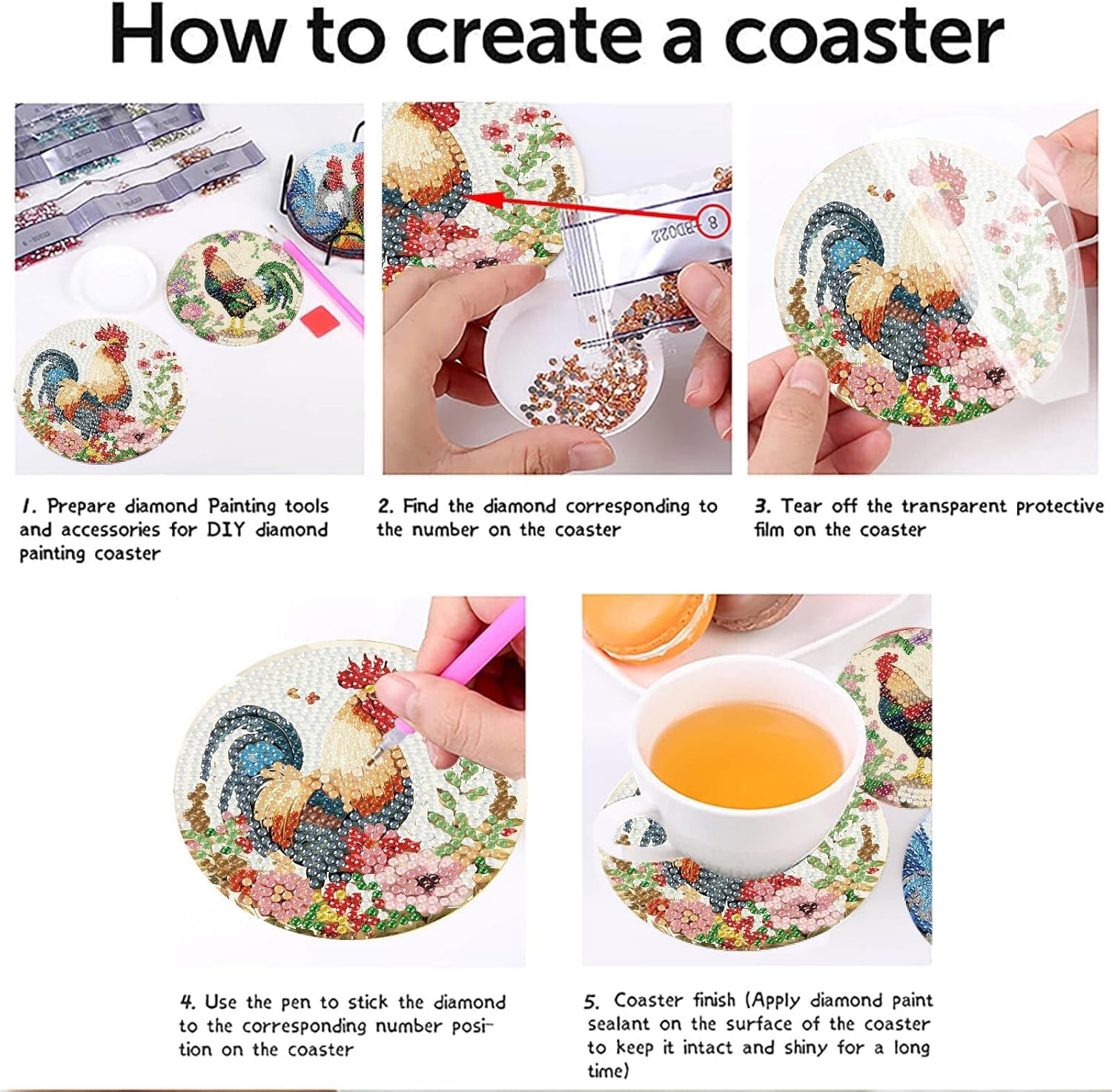 8 Pcs Animals Diamond Art Coasters Kits with Holder, Chicken Diamond Painting Coasters Kits for Adults, DIY 5D Diamond Dots Small Mini Kit Full Drill Art Craft Supplies 4X4 Inch