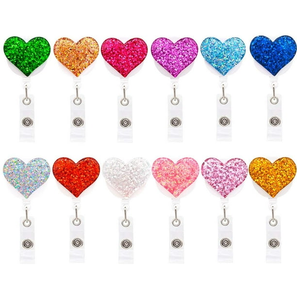 Mgfed 10 Pack Bling Heart Retractable Badge Reel, Id Badge Holder With Alligator Clip, Lightweight, 24 Easy Retracting Cord