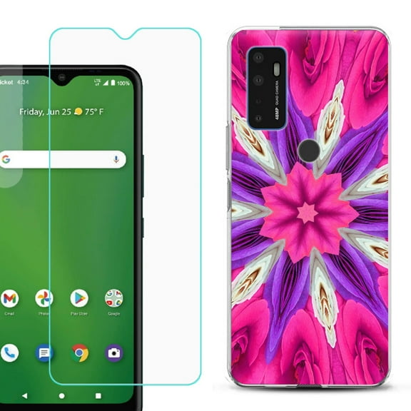 Slim-Fit Gel TPU Phone Case for Cricket Dream 5G, with Tempered Glass Screen Protector, by OneToughShield ® - Kaleidoscope Rose