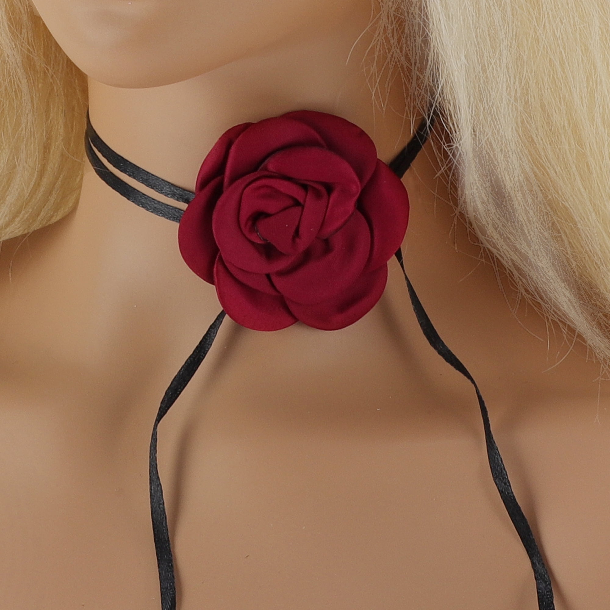 Unique Bargains Elegant Pearl Satin Rose Tie Choker Necklace 1 Pc Wine Red