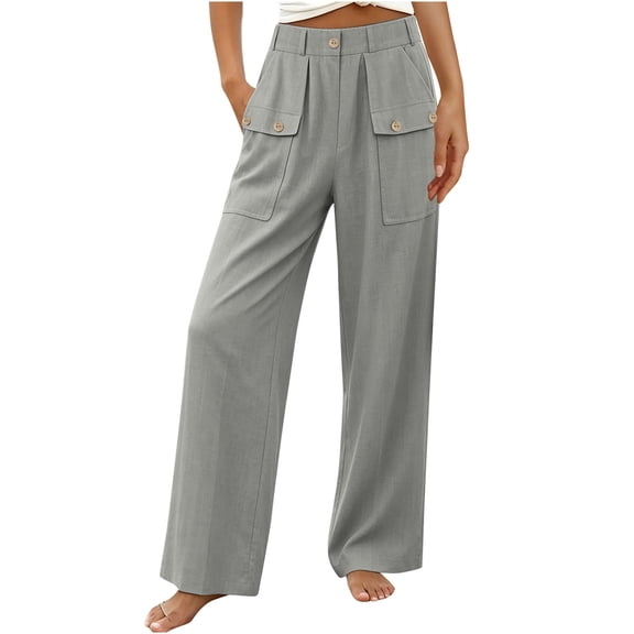 GUACER Women's Linen Blend Pants Button Cargo Pockets High Waist Loose Wide Leg Casual Trousers