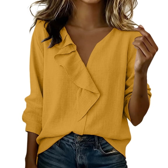 Khunlpohl 3/4 Sleeves Cotton Linen Tops for Women V Neck Ruffled Solid Color Clothes Casual Business Trendy Dressy Blouses