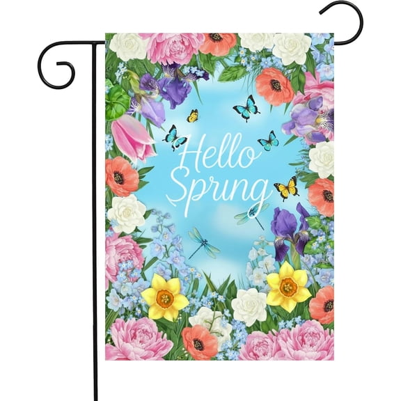 Spring Flowers Garden Yard Flag, Double Sided Polyester Welcome House Banner, 12" x 18", Pansy Tulip Daffodil Iris Dragonfly Butterfly Outdoor Decor