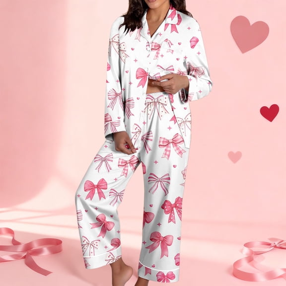 SOFTCCLO Valentine's Day Pajamas Sets Women Cute Pink Heart Print Pjs Sets Shirts Pants 2 Piece Sets Comfortable Sleepwear Pink L