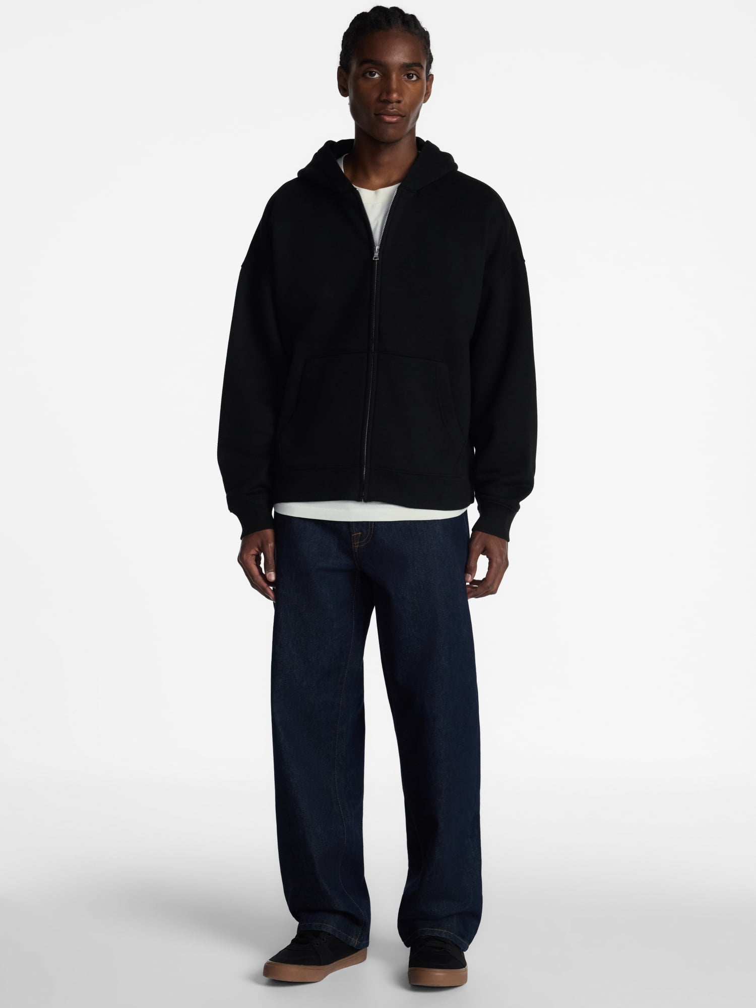 No Boundaries Boxy Oversized Fit Fleece Zip Hoodie Sweatshirt with Long Sleeves, Men's XS-4XLT