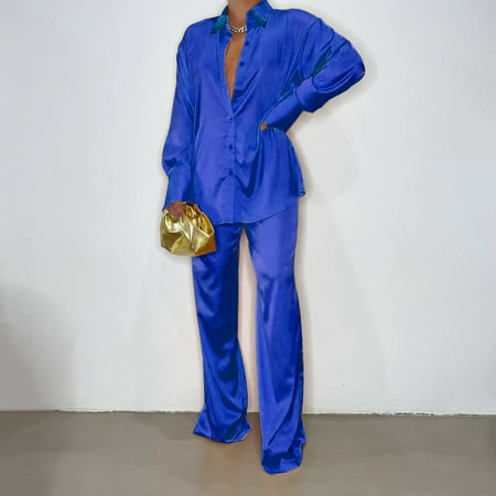 

〖Jisuan〗Trousers Suit Wide Leg Pants Satin Sets Women 2 Piece Outfits Casual Long Sleeve Button Down Shirt Pants Outfits Fashion Streetwear Pajamas