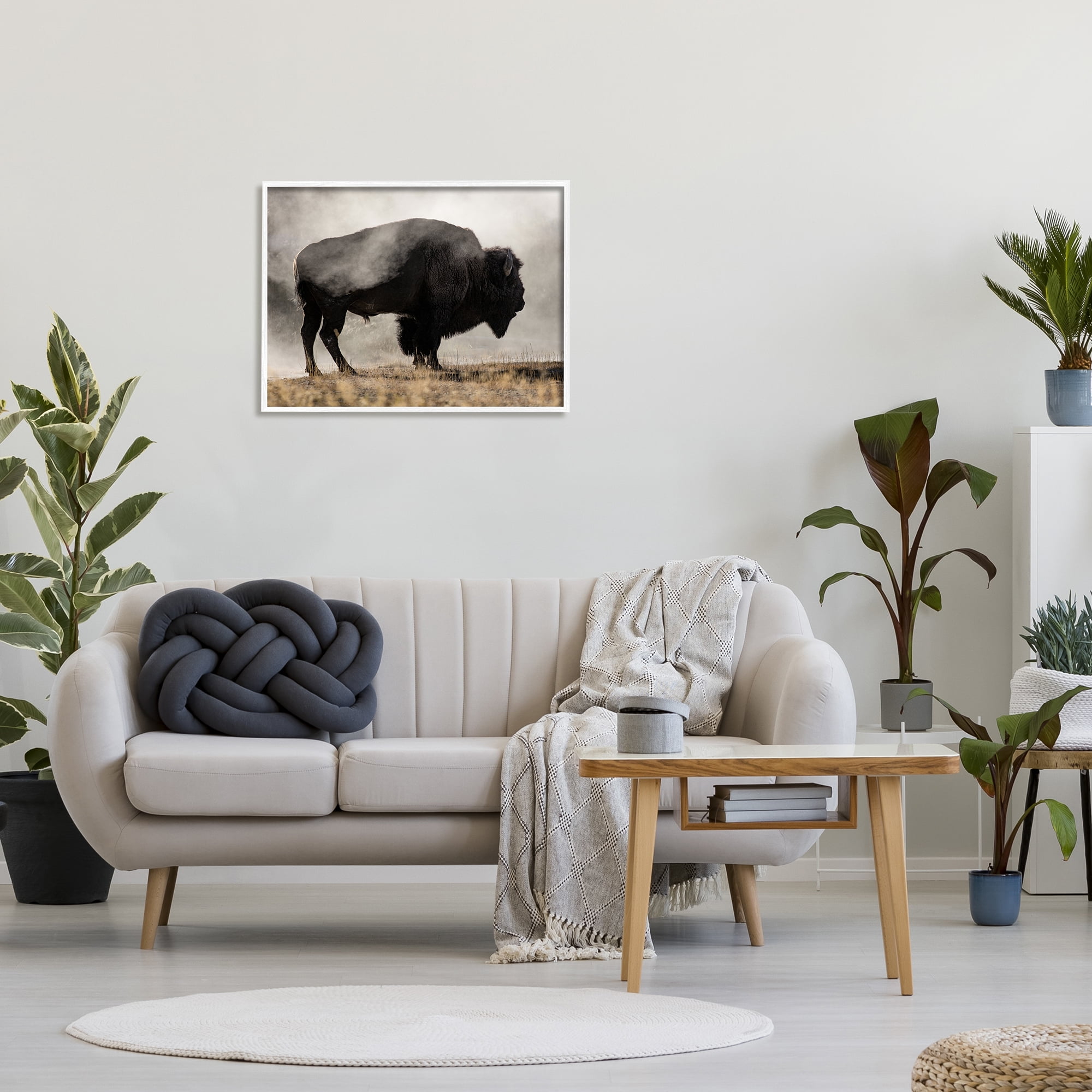 Stupell Industries Powerful Bison Grazing Foggy Rural Pasture Photography Photograph White Framed Art Print Wall Art, Design by Danita Delimont
