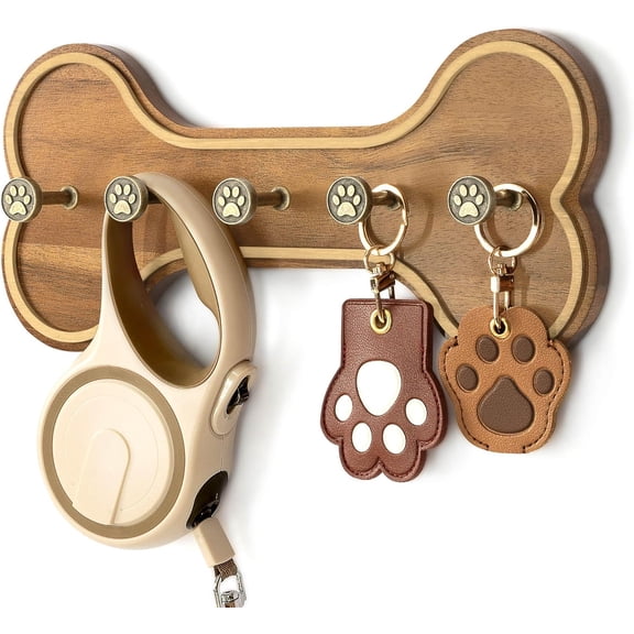 Rebee Vision Acacia Wood Dog Leash Holder for Wall – Dog Stuff Organizer and Dogs Bone Key Holder Wall Mount with 3D Puppy Paw Hooks (Acacia Wood)