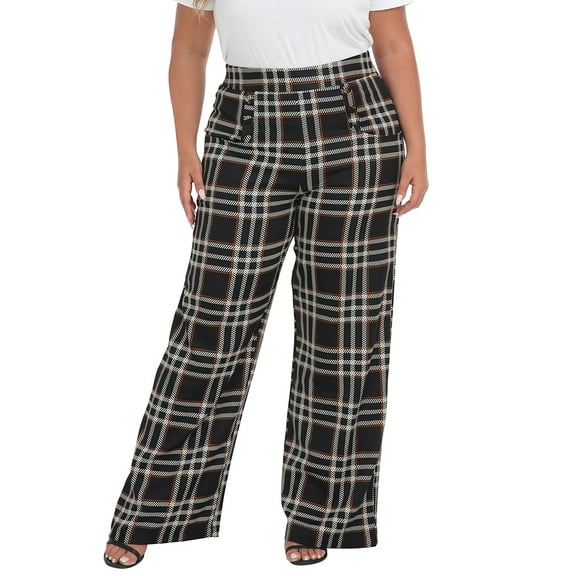 HDE Womens High Waisted Dress Pants Long Wide Leg Palazzo Trouser Tall S-Plus Fall Plaid S