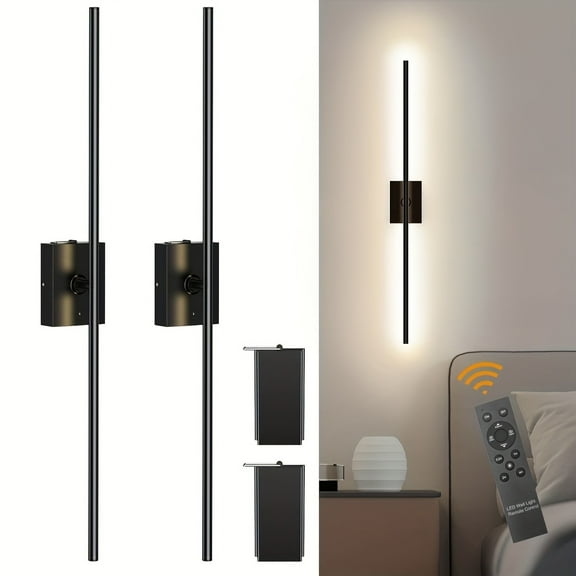 2 Pack Cordless LED Wall Sconces with Remote - Dimmable 3000K-6000K Battery Operated Wall Lights for Bedroom/Hallway, Modern Picture Lights for Walls, Warm White to Daylight (No Hardwiring Needed)