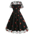 thumbnail image 2 of IBTOM CASTLE Women's 1950s Vintage Dress Short Sleeve Heart Print Mesh Retro Evening Prom Cocktail Party Swing A-Line Dress for Valentine's Day L Black - Cherry, 2 of 8