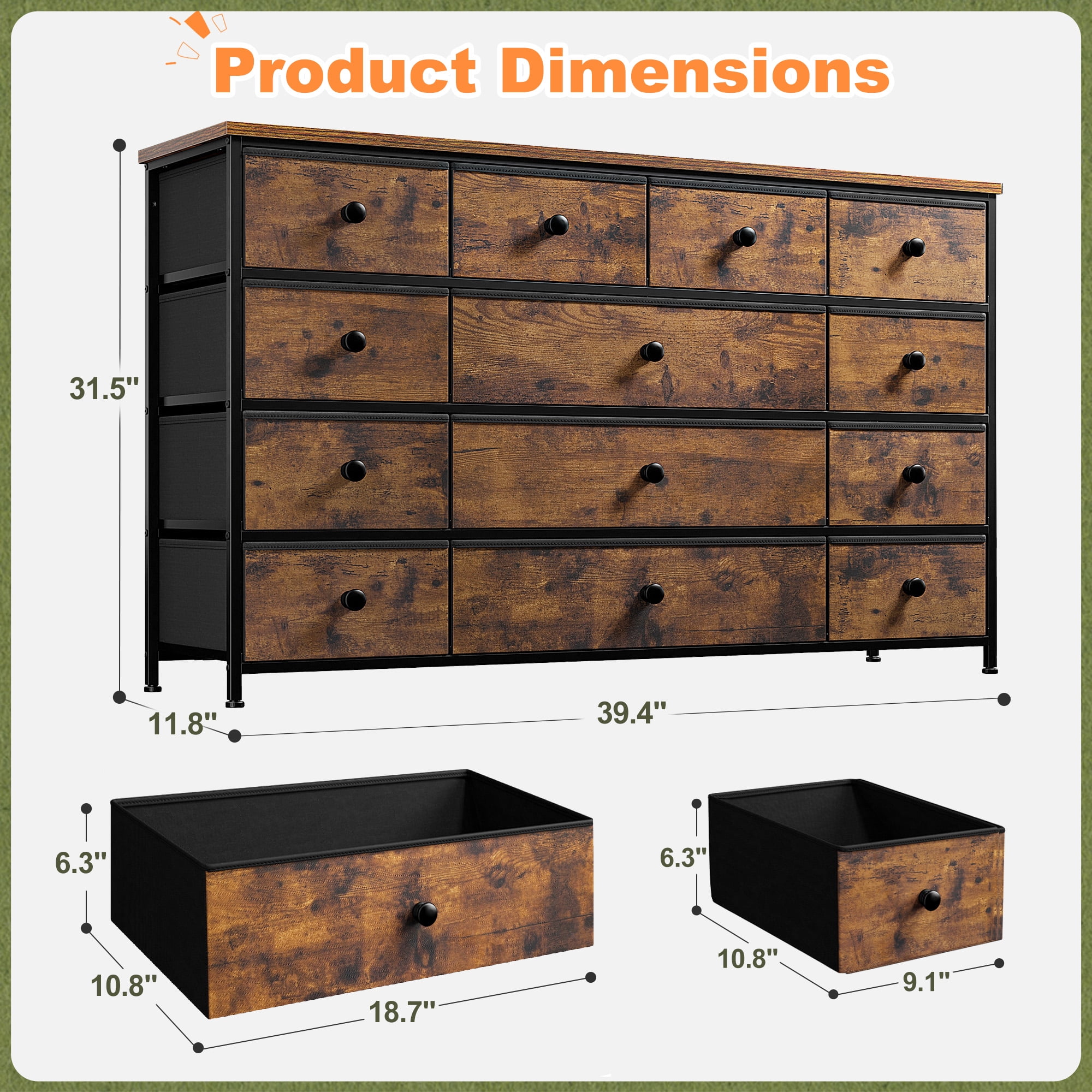 Romorgniz Dresser TV Stand, 13 Drawer Dressers for Bedroom, Chest of Drawers for 45" Long TV, Fabric Dresser for Storage, Rustic Brown