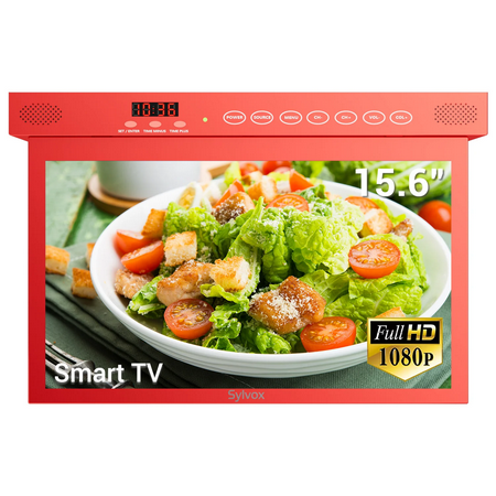 SYLVOX 15.6" Kitchen TV, 1080P FHD Under Cabinet TV, Flap Down Smart Android TV Built-in Google Play, Google Assistant (Red)