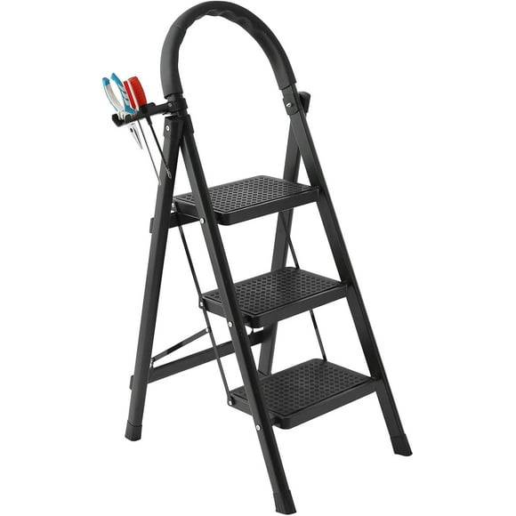 Step Ladder 3 Step Folding, 330lbs Load Capacity 3 Step Ladder with Handrails, Step Stools for Adults with Anti-Slip Pedal, Lightweight Portable Step Stool Foldable for Household, Black